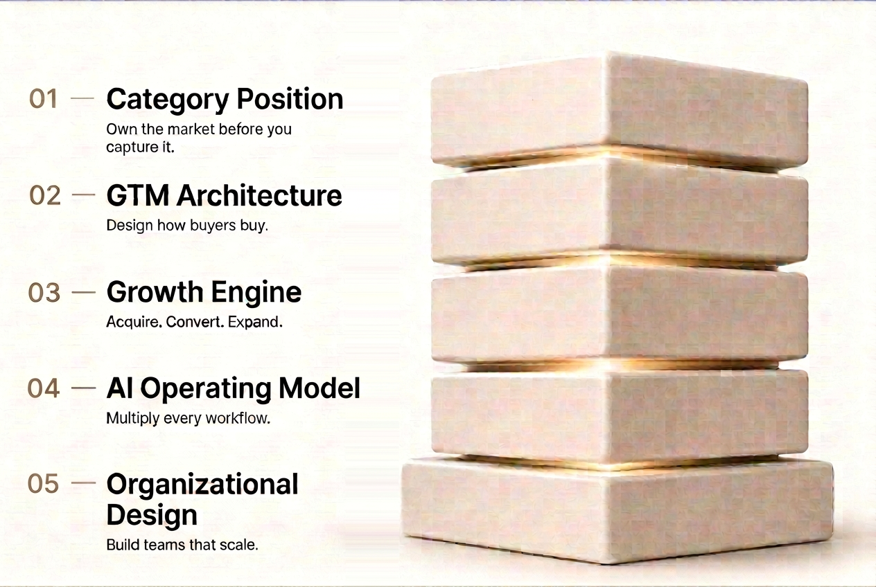 The Growth Operating System, illustrated as a stack of five ceramic slabs labeled Category Position, GTM Architecture, Growth Engine, AI Operating Model, and Organizational Design.